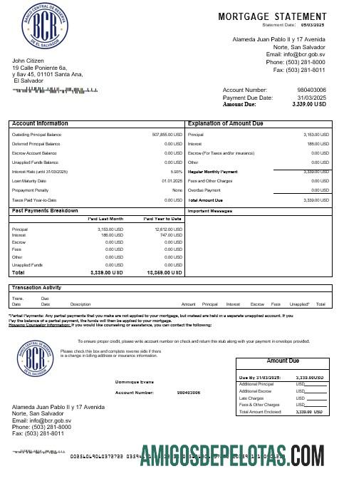 Extrato de hipoteca do Salvador Banco Central De Reserva em formatos Word e PDF modelo